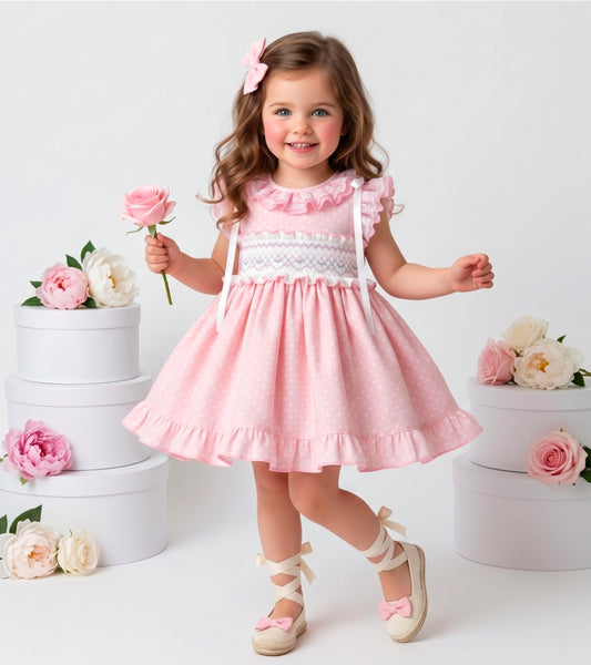 Sonata Infantil SS26 Girls Pink Polkadot Smocked Puffball Dress VE2630 ~ MADE TO ORDER