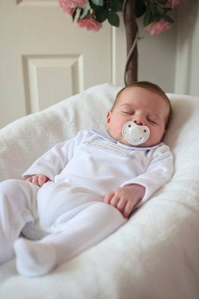 Traditional Baby Boys White & Blue Velour Sleepsuit/Babygrow ~ 6m