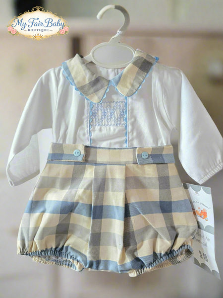 Spanish Baby Boys Blue & Cream Check Short Set - 18-36m