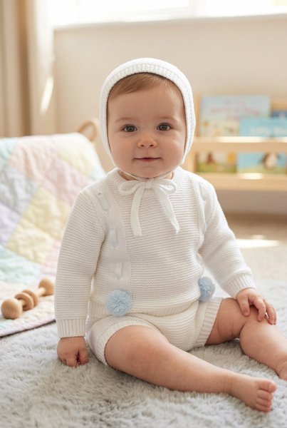 Spanish Baby Boys White & Blue Knitted Jam Pant 3pc Set