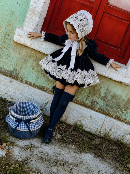 Ela Confeccion AW26 Spanish Girls Navy Lace Trimmed Puffball Dress - MADE TO ORDER