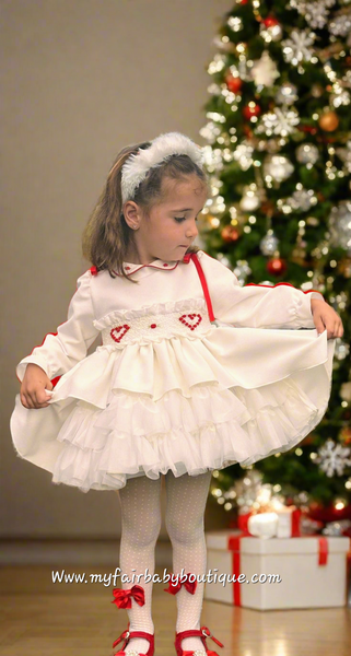Sonata Infantil AW25 Spanish Girls White Velvet Heart Smocked Puffball Dress IN2507 ~ MADE TO ORDER