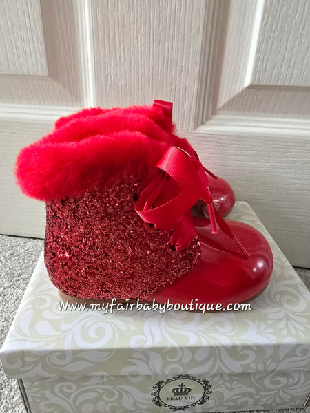 Beau Kid Girls Red Patent & Glitter Ankle Boots
