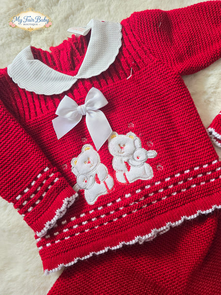 Spanish Unisex Baby Red Knitted Teddy 3pc Set ~ 0-3m