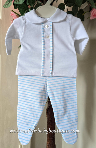 Spanish Baby Boys Blue & White Striped Cotton 2pc ~ NB-6m