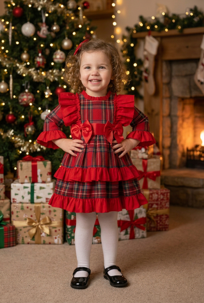 Spanish Girls Red Frilly Tartan Christmas Dress ~ 12-36m