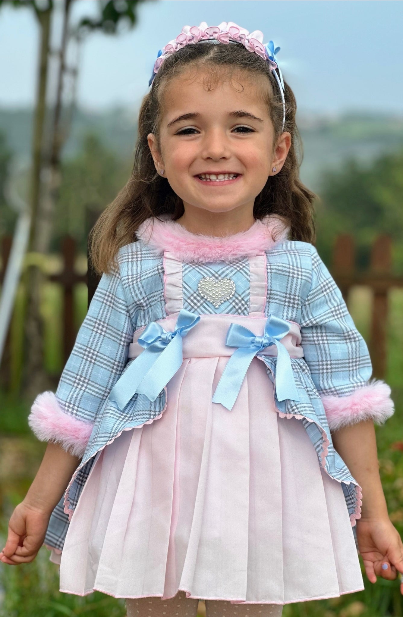 Sonata Infantil AW25 Spanish Girls Blue & Pink Check Puffball Dress IN2519 ~ MADE TO ORDER