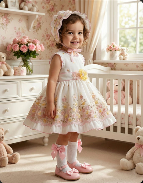 Sonata Infantil SS26 Girls Floral Embroidered Puffball Dress VE2610 ~ MADE TO ORDER