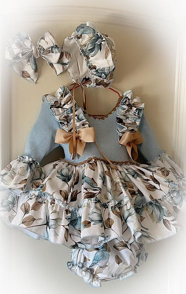 Ela Confeccion AW25 Spanish Girls Blue Floral Puffball Dress - MADE TO ORDER