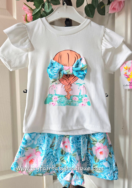 Older Girls Blue Floral Diamanté Short & Top Set ~ 4-14y