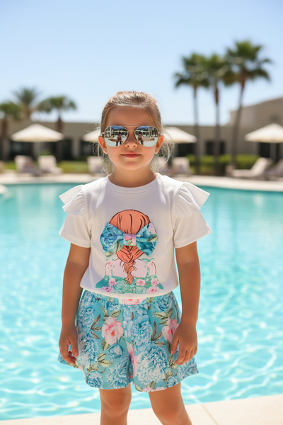 Older Girls Blue Floral Diamanté Short & Top Set ~ 4-14y