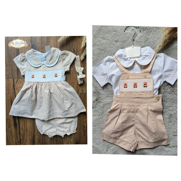 Mabini Traditional Girls Cream Smocked Teddy Dress Set