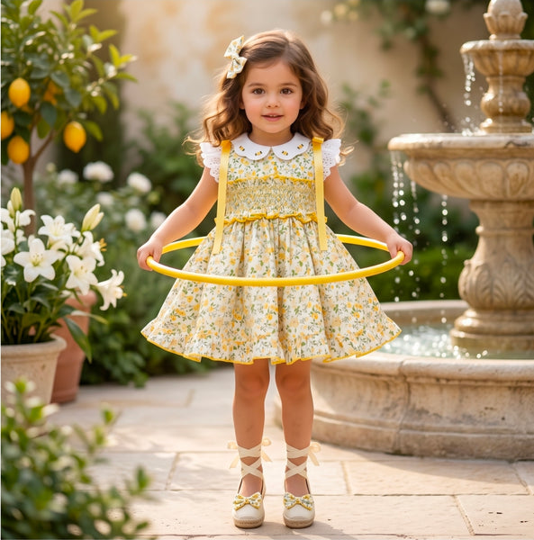 Sonata Infantil SS26 Girls Yellow Floral Smocked Puffball Dress VE2632 ~ MADE TO ORDER