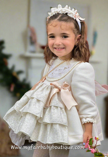 Sonata Infantil AW25 Spanish Girls Cream & Gold Christmas Puffball Dress IN2516 ~ MADE TO ORDER