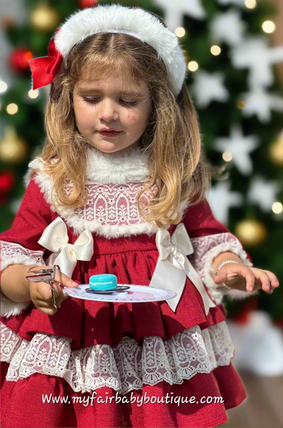 Sonata Infantil AW25 Spanish Girls Red Lace & Fur Puffball Dress IN2506 ~ MADE TO ORDER