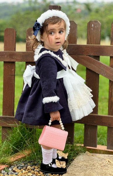 Sonata Infantil AW25 Spanish Girls Navy Frances Katherine Velvet Puffball Dress IN2514 ~ MADE TO ORDER