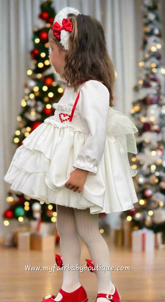 Sonata Infantil AW25 Spanish Girls White Velvet Heart Smocked Puffball Dress IN2507 ~ MADE TO ORDER