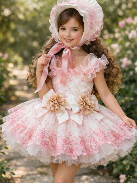Ela Confeccion SS26 Girls Pink Embroidered Rosabella Puffball Dress - MADE TO ORDER