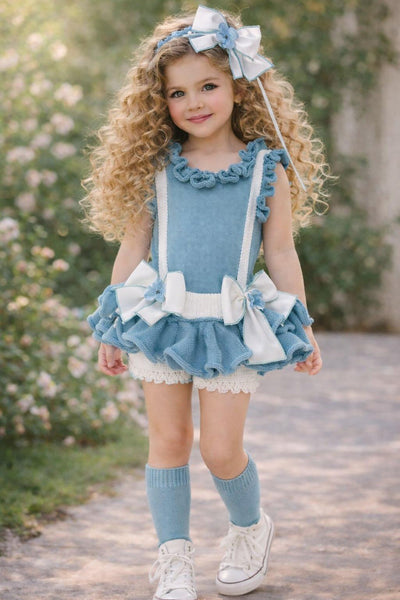 Ela Confeccion SS26 Girls Blue & Cream Knitted Romper - MADE TO ORDER