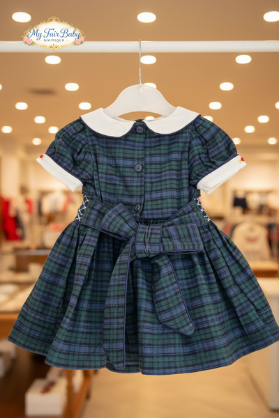 Beau Kid Traditional Girls Green Smocked Tartan Christmas Dress 1J2402A - 6m-7y
