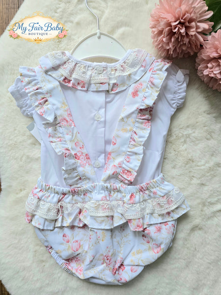 Spanish Baby Girls White & Pink Floral Romper Set M002W ~ 6-36m