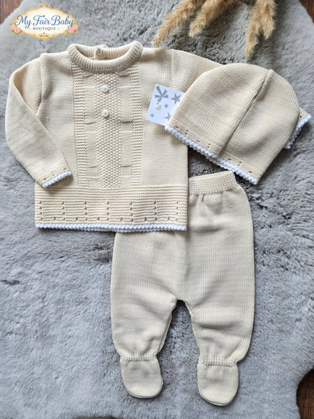 Spanish Baby Boys Biscuit Knitted 3pc Set ~ 0-3m
