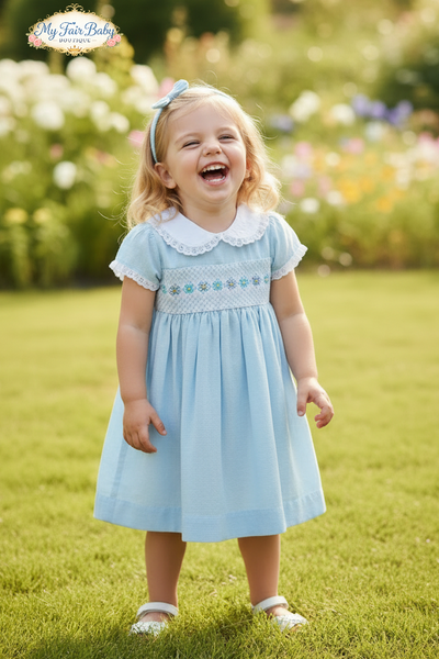 Mabini Traditional Girls Blue Smocked Daisy Dress Set MB7237