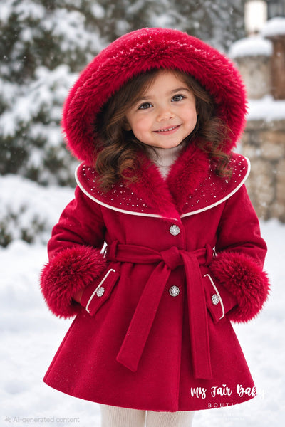 Traditional Girls Red Fur Trimmed Winter Coat & Dress Set ~ 2-11y