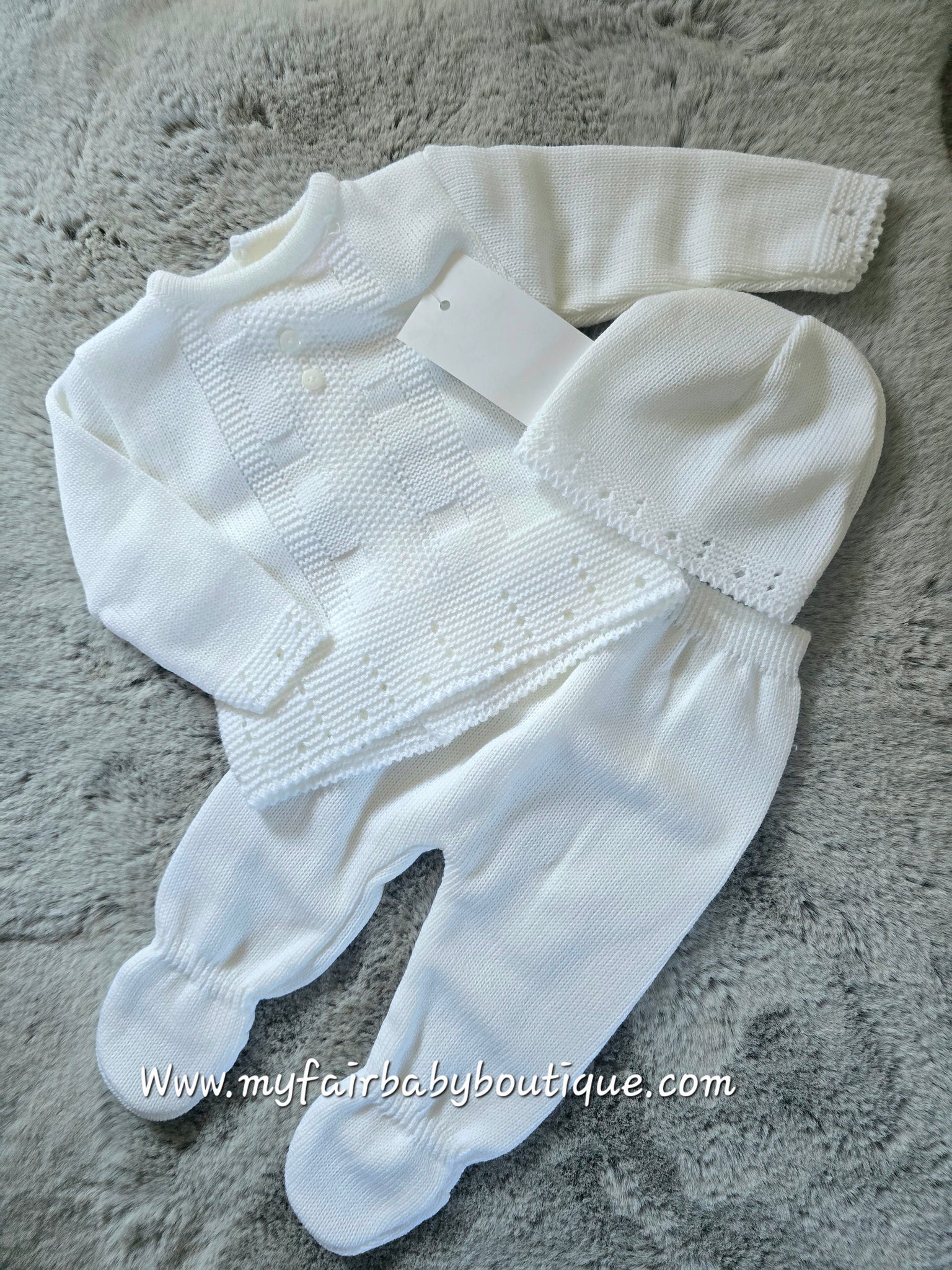 Spanish Baby Boys White Knitted 3pc Set ~ 0-3m