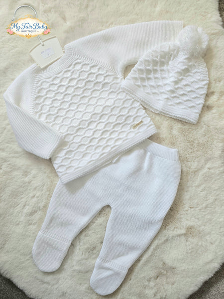 Spanish Unisex Baby White Knitted Lattice 3PC Set C7005 - 1-6m