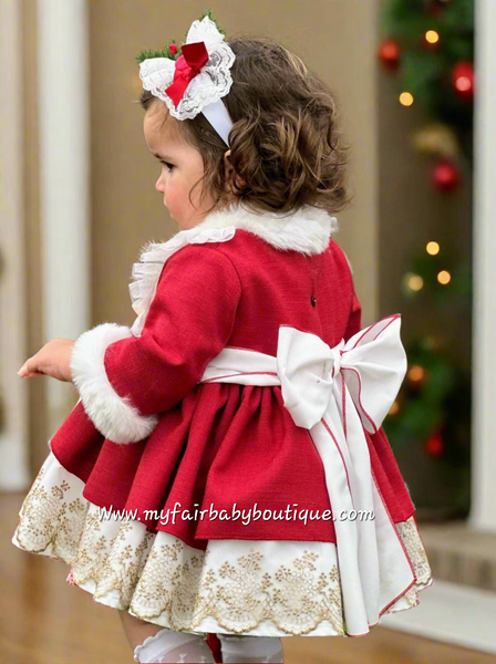 Sonata Infantil AW25 Spanish Girls Red & Gold Lace Christmas Puffball Dress IN2512 ~ MADE TO ORDER