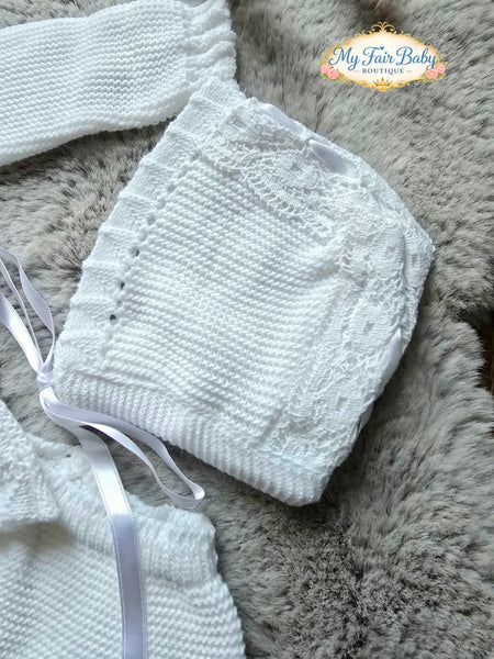 Spanish Creaciones Gavidia Unisex Baby White Knitted 3pc Lace Set 2124