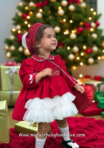 Sonata Infantil AW25 Spanish Girls Red Smocked Puffball Dress IN2505 ~ MADE TO ORDER
