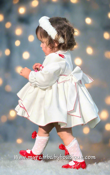 Sonata Infantil AW25 Spanish Girls White & Red Velvet Smocked Puffball Dress IN2511 ~ MADE TO ORDER