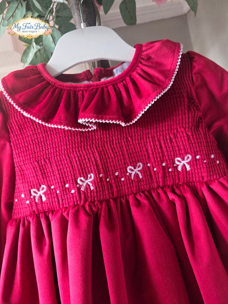 Spanish Girls Red Velvet Smocked Dress