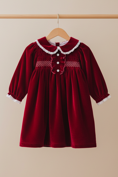 Beau Kid Traditional Girls Red Velvet Smocked Dress 112219 ~ 4-5y