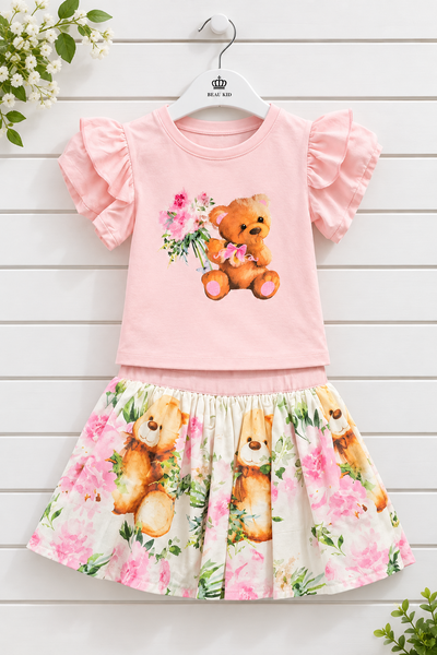 Beau Kid Traditional Girls Pink Teddy Bear Skirt Set ~ 2-6y