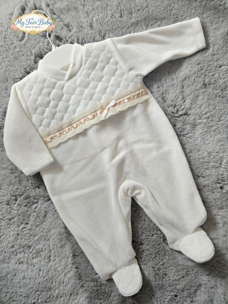 Spanish Baby Girls Cream Velour Sleepsuit/Babygrow ~ NB-6m