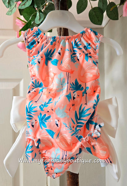Girls Peach Flamingo Print Bow Swimsuit ~ 2-12y
