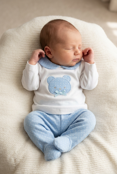 Spanish Baby Boys White & Blue Cotton Teddy 2pc ~ NB-6m