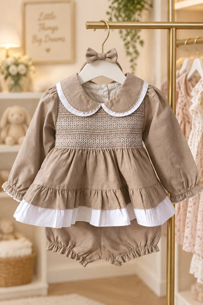 Mabini Traditional Girls Smocked Camel Dress Set 2728 ~ 0-6y