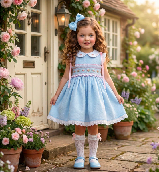 Sonata Infantil Spanish Girls Blue & Pink Plumeti Smocked Puffball Dress VE2509 ~ MADE TO ORDER