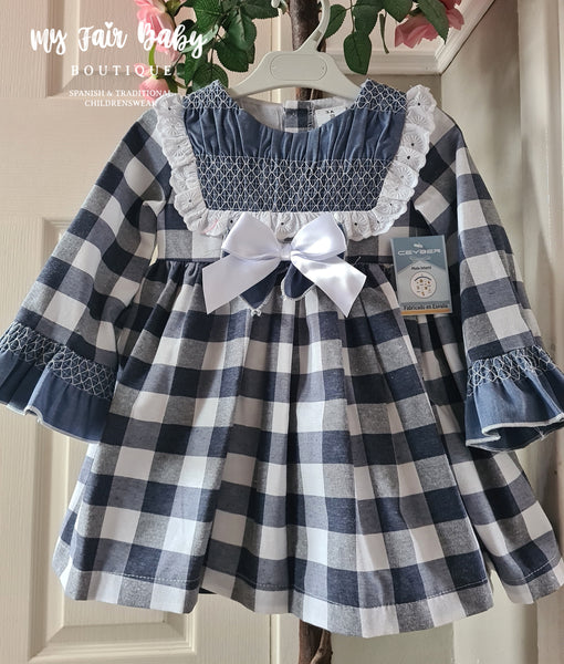Ceyber Spanish Older Girls Navy Check Dress With Smocking ZA4999 ~ 5y