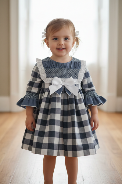 Ceyber Spanish Older Girls Navy Check Dress With Smocking ZA4999 ~ 5y
