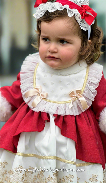 Sonata Infantil AW25 Spanish Girls Red & Gold Lace Christmas Puffball Dress IN2512 ~ MADE TO ORDER