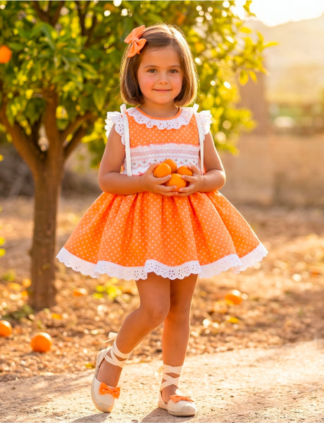 Sonata Infantil SS26 Girls Orange Polkadot Puffball Dress & Hairbow VE2629 ~ MADE TO ORDER