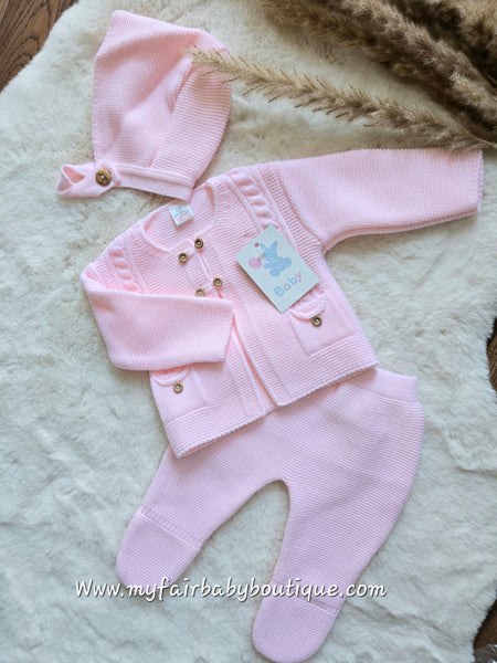 Spanish Baby Girls Pink Knitted Trouser & Cardigan 3pc Set C3035