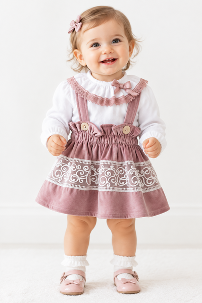 Spanish Girls Dusky Pink Velvet Pinafore & Blouse ~ 3m-5y