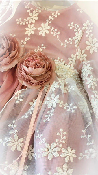 Ela Confeccion AW26 Spanish Girls Dusky Pink Lacey Puffball Dress - MADE TO ORDER