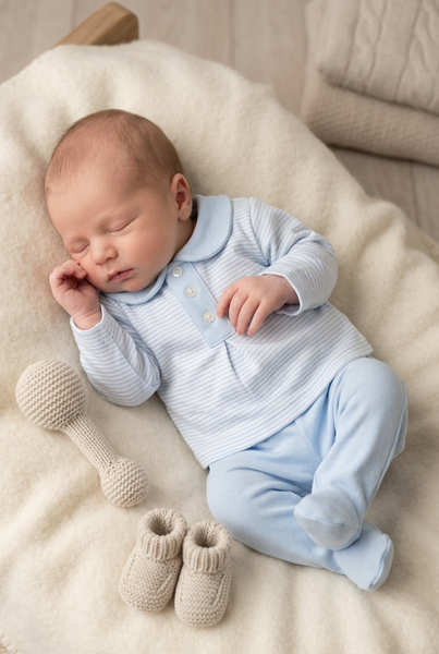 Spanish Baby Boys Blue Striped Cotton 2pc M131 ~ NB-6m